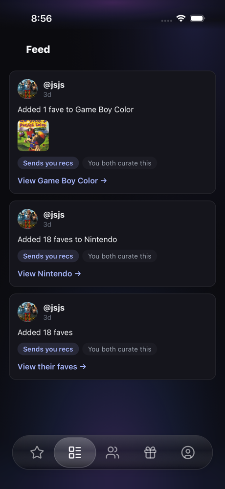 Faves activity feed showing friends' recent rankings