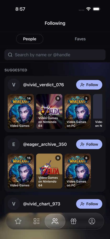 Faves following screen listing people you follow