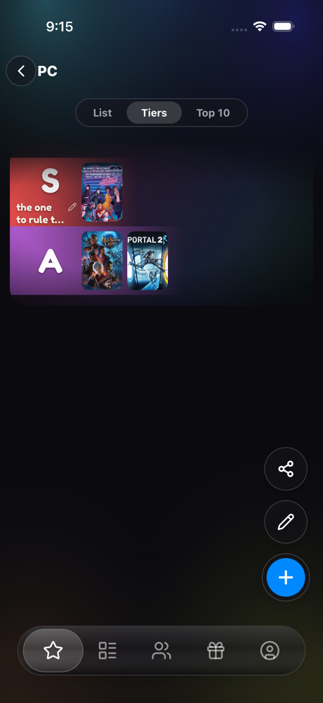 Faves tier board view with S and A tiers