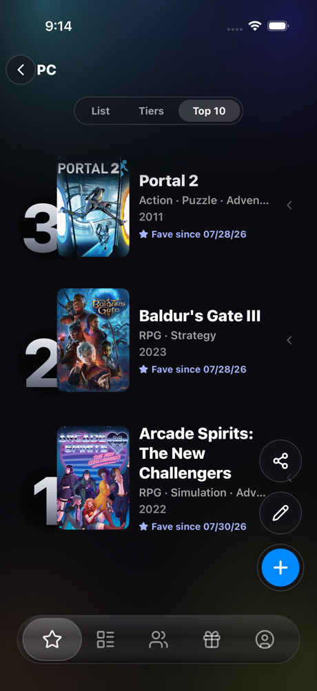 Faves top ten ranking view with numbered game covers